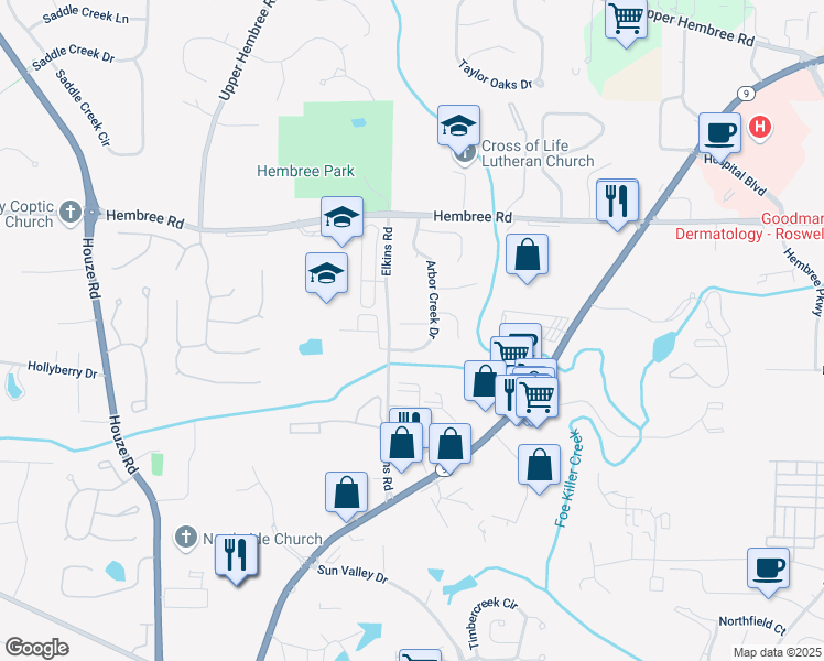map of restaurants, bars, coffee shops, grocery stores, and more near 525 Arbor Creek Court in Roswell