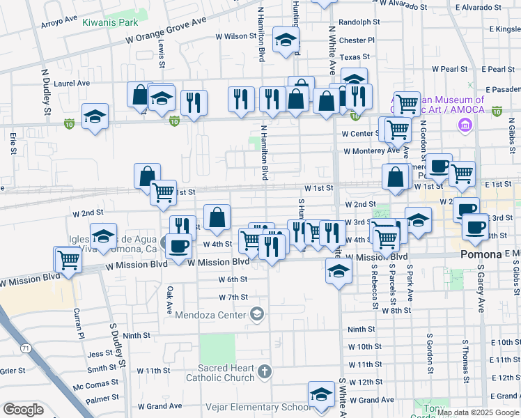 map of restaurants, bars, coffee shops, grocery stores, and more near 1112 West 2nd Street in Pomona