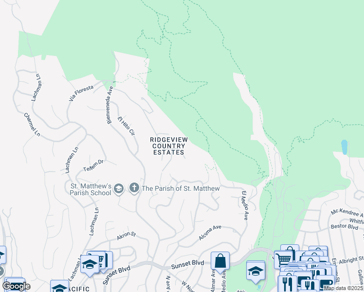 map of restaurants, bars, coffee shops, grocery stores, and more near 1445 Vía Cresta in Los Angeles
