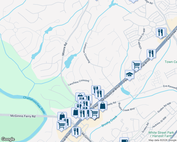 map of restaurants, bars, coffee shops, grocery stores, and more near 4369 Lansfaire Terrace in Suwanee