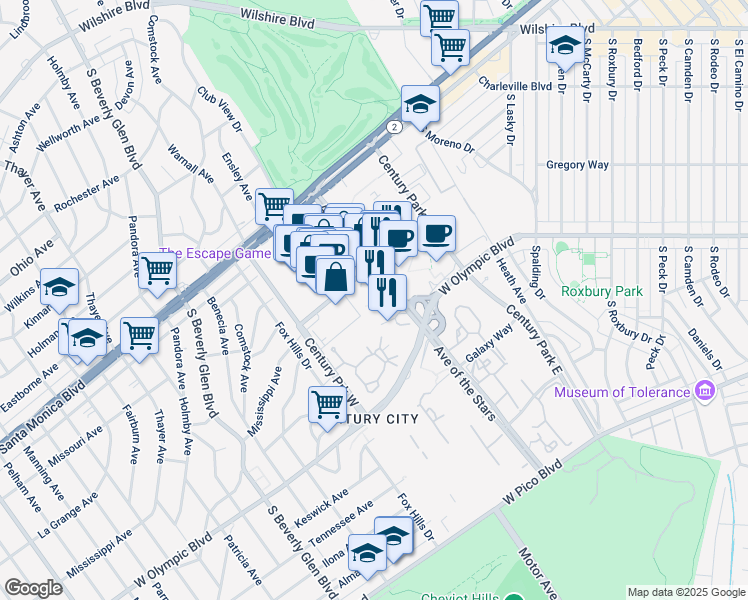 map of restaurants, bars, coffee shops, grocery stores, and more near 2025 Avenue of the Stars in Los Angeles