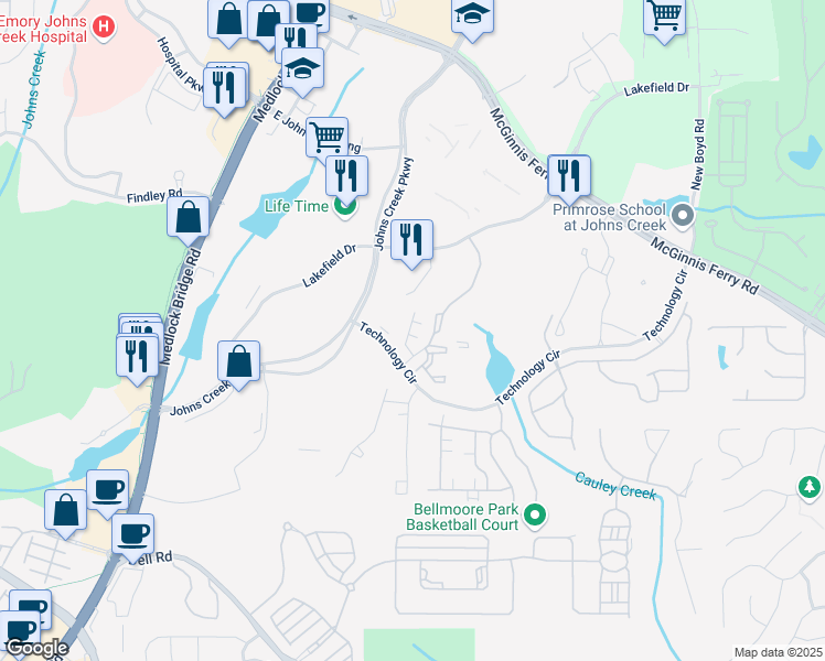 map of restaurants, bars, coffee shops, grocery stores, and more near 400 Renwood Trail in Johns Creek