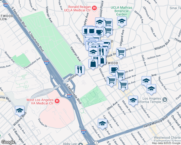 map of restaurants, bars, coffee shops, grocery stores, and more near 10990 Wilshire Boulevard in Los Angeles