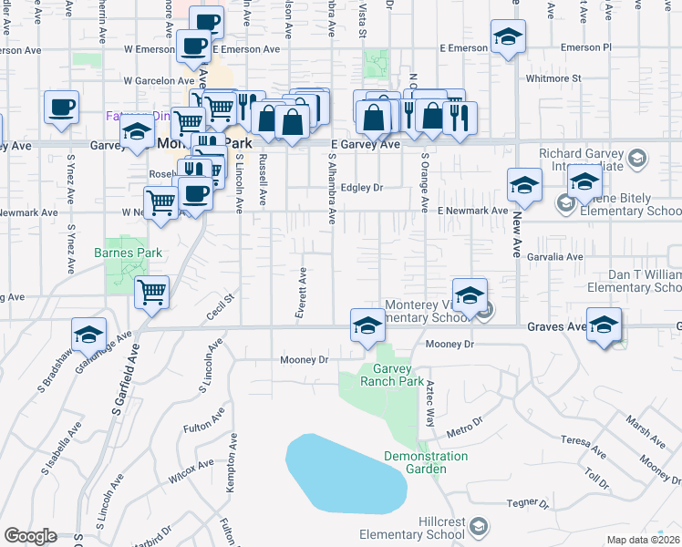 map of restaurants, bars, coffee shops, grocery stores, and more near 422 South Alhambra Avenue in Monterey Park