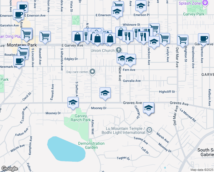 map of restaurants, bars, coffee shops, grocery stores, and more near 422 South Pomelo Avenue in Monterey Park