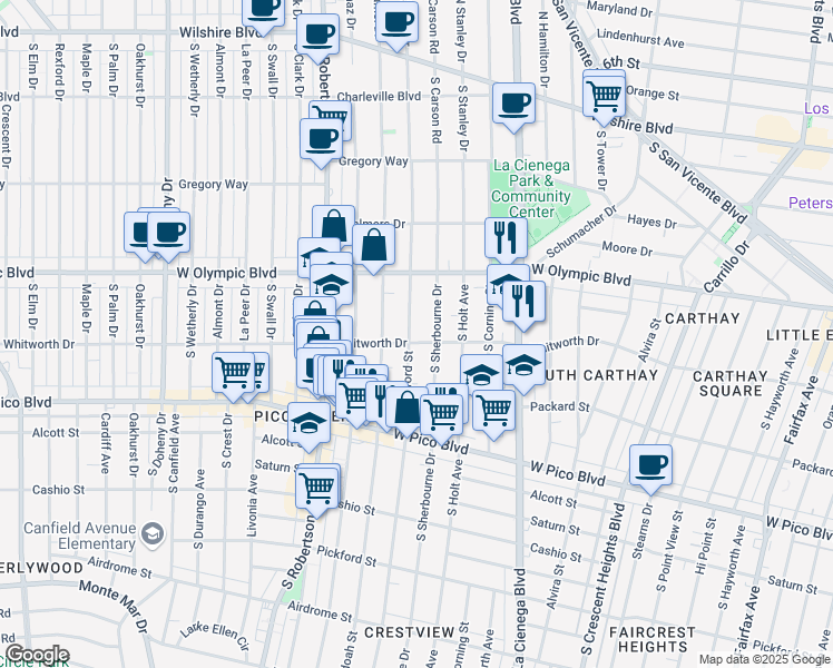 map of restaurants, bars, coffee shops, grocery stores, and more near 1064 South Bedford Street in Los Angeles