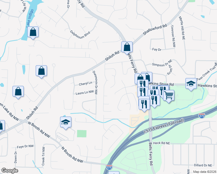 map of restaurants, bars, coffee shops, grocery stores, and more near 411 Laurian Way Northwest in Kennesaw