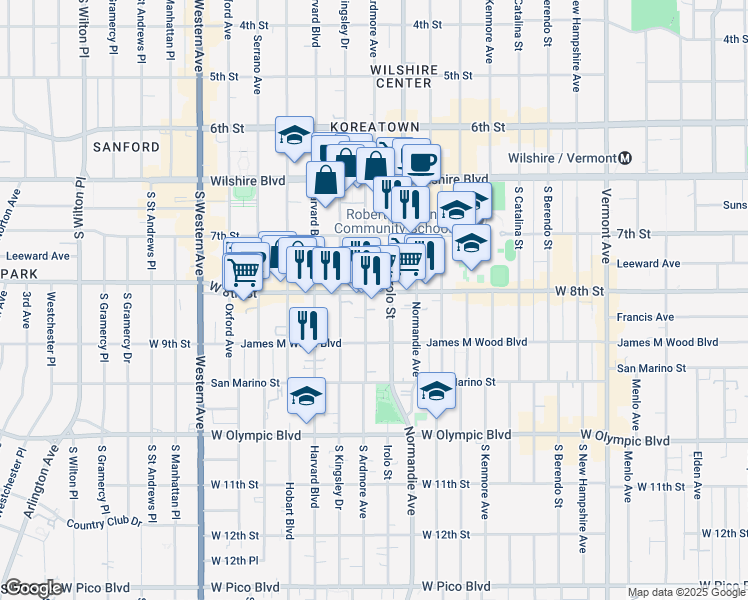 map of restaurants, bars, coffee shops, grocery stores, and more near 837 South Harvard Boulevard in Los Angeles