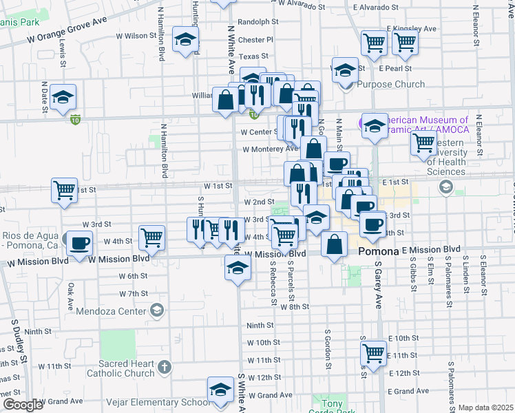 map of restaurants, bars, coffee shops, grocery stores, and more near 784 West 2nd Street in Pomona