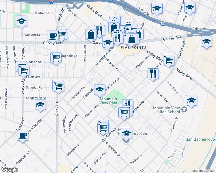 map of restaurants, bars, coffee shops, grocery stores, and more near 2647 Penn Mar Avenue in El Monte
