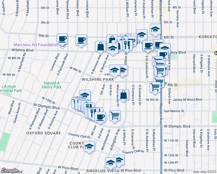 map of restaurants, bars, coffee shops, grocery stores, and more near 821 3rd Avenue in Los Angeles