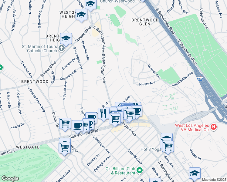 map of restaurants, bars, coffee shops, grocery stores, and more near 11657 Chenault Street in Los Angeles