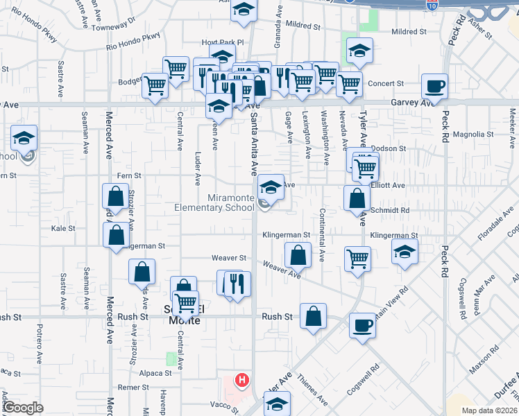 map of restaurants, bars, coffee shops, grocery stores, and more near 2505 Santa Anita Avenue in South El Monte