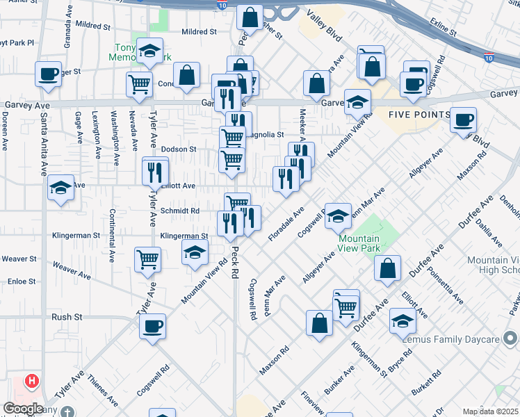 map of restaurants, bars, coffee shops, grocery stores, and more near 11335 Schmidt Road in South El Monte