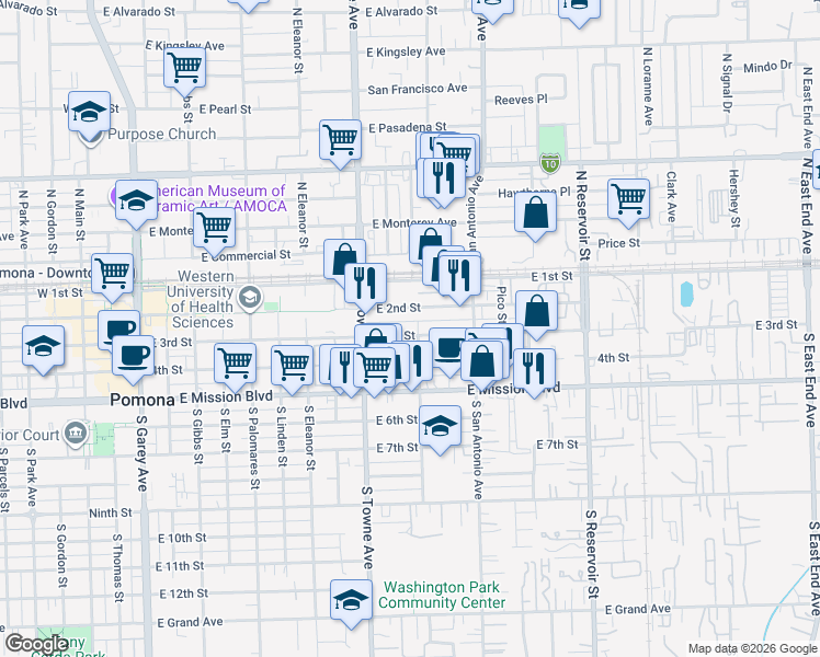 map of restaurants, bars, coffee shops, grocery stores, and more near 887 East 3rd Street in Pomona