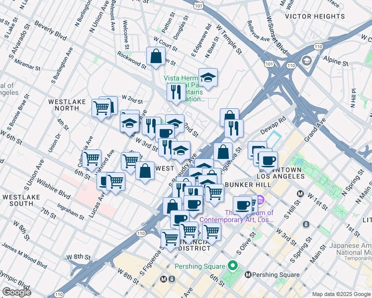 map of restaurants, bars, coffee shops, grocery stores, and more near 1141 Huntley Drive in Los Angeles