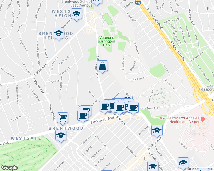 map of restaurants, bars, coffee shops, grocery stores, and more near 11657 Chenault Street in Los Angeles