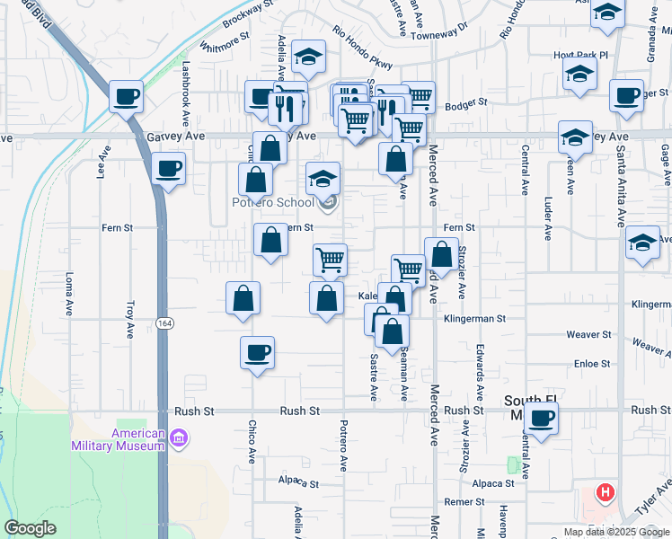 map of restaurants, bars, coffee shops, grocery stores, and more near 2503 Potrero Avenue in El Monte