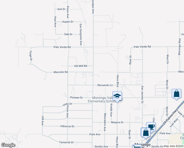 map of restaurants, bars, coffee shops, grocery stores, and more near 10722 Juniper Avenue in Morongo Valley
