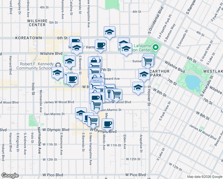 map of restaurants, bars, coffee shops, grocery stores, and more near 2914 West 8th Street in Los Angeles