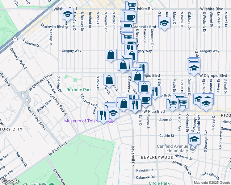 map of restaurants, bars, coffee shops, grocery stores, and more near 463 South Rodeo Drive in Beverly Hills