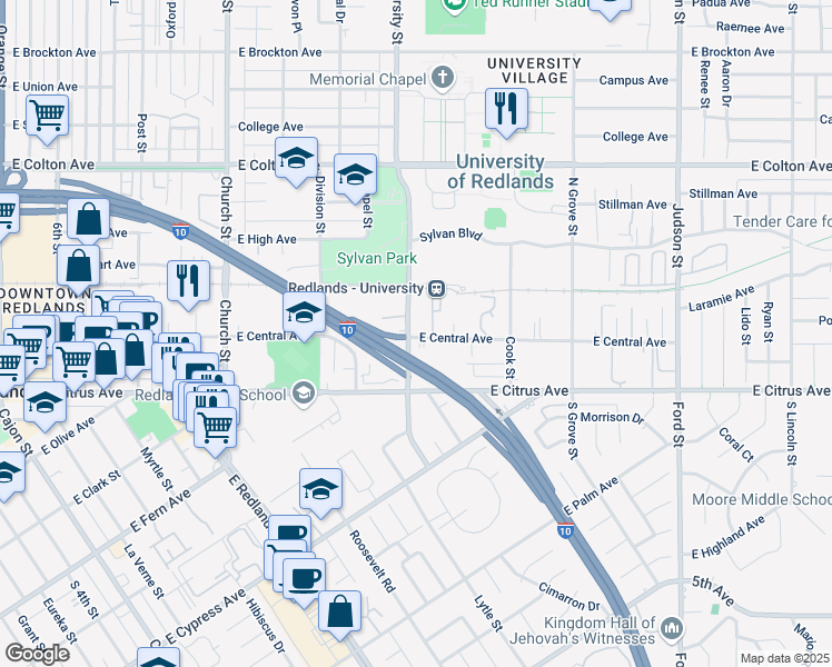 map of restaurants, bars, coffee shops, grocery stores, and more near 202 North University Street in Redlands