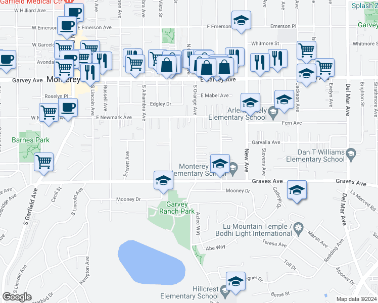 map of restaurants, bars, coffee shops, grocery stores, and more near 425 S Orange Ave in Monterey Park