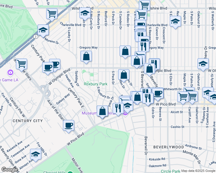 map of restaurants, bars, coffee shops, grocery stores, and more near 470 South Bedford Drive in Beverly Hills