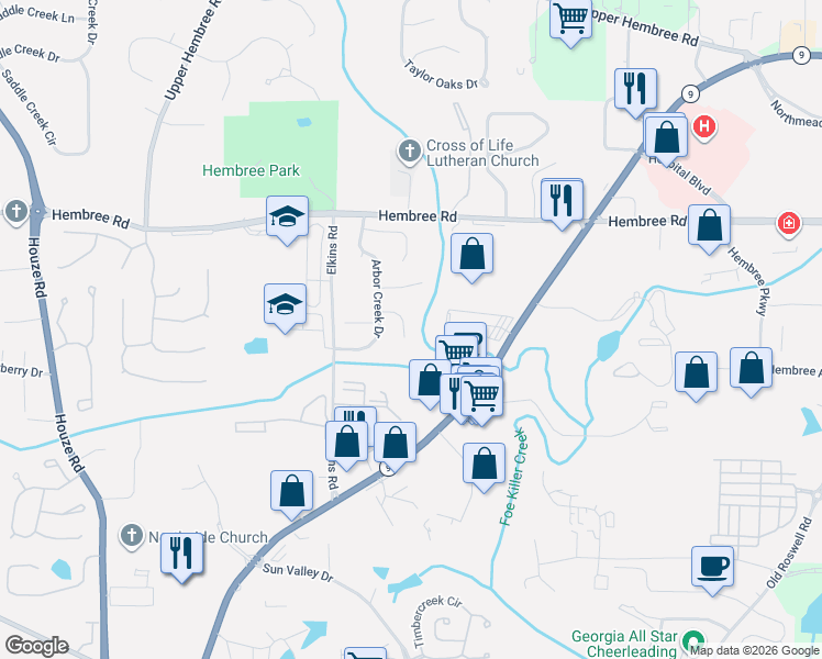 map of restaurants, bars, coffee shops, grocery stores, and more near 465 Arbor Creek Overlook in Roswell