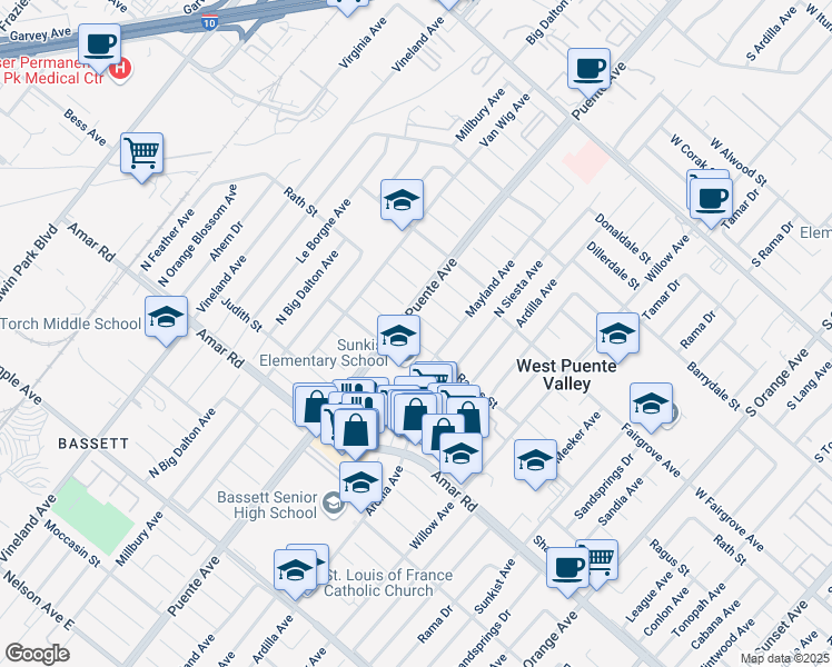 map of restaurants, bars, coffee shops, grocery stores, and more near 13902 Ragus Street in La Puente
