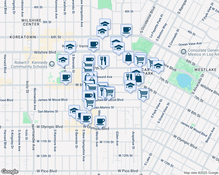 map of restaurants, bars, coffee shops, grocery stores, and more near 2870 West 8th Street in Los Angeles