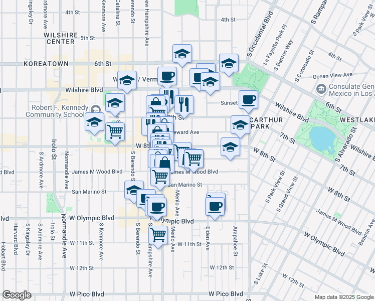 map of restaurants, bars, coffee shops, grocery stores, and more near 2936 West 8th Street in Los Angeles
