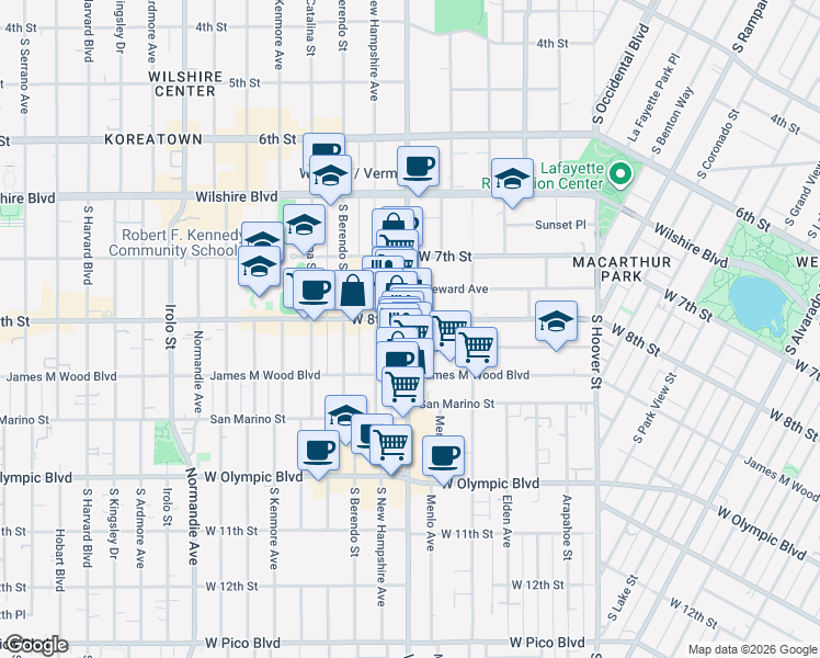 map of restaurants, bars, coffee shops, grocery stores, and more near 804 South Vermont Avenue in Los Angeles
