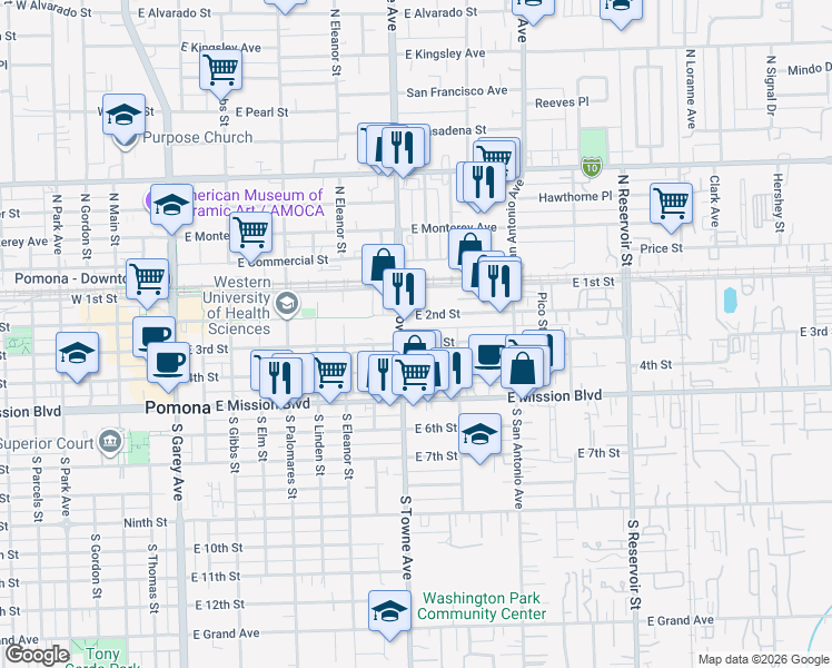 map of restaurants, bars, coffee shops, grocery stores, and more near 823 East 3rd Street in Pomona