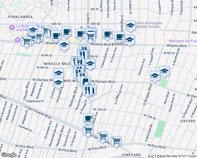 map of restaurants, bars, coffee shops, grocery stores, and more near 958 South Mansfield Avenue in Los Angeles