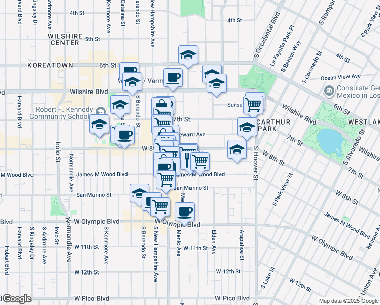 map of restaurants, bars, coffee shops, grocery stores, and more near 2914 West 8th Street in Los Angeles