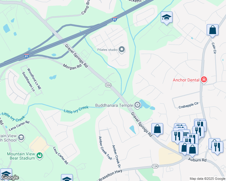 map of restaurants, bars, coffee shops, grocery stores, and more near 2312 Gravel Springs Road in Buford