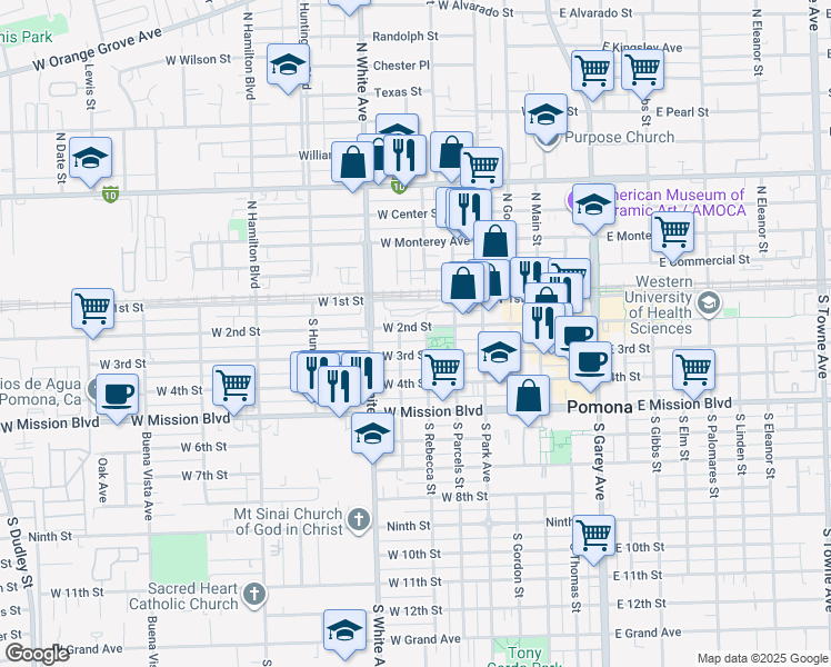 map of restaurants, bars, coffee shops, grocery stores, and more near 784 West 2nd Street in Pomona