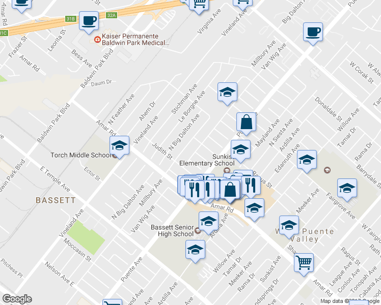 map of restaurants, bars, coffee shops, grocery stores, and more near 939 Van Wig Avenue in La Puente
