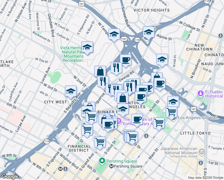 map of restaurants, bars, coffee shops, grocery stores, and more near 880 West 1st Street in Los Angeles