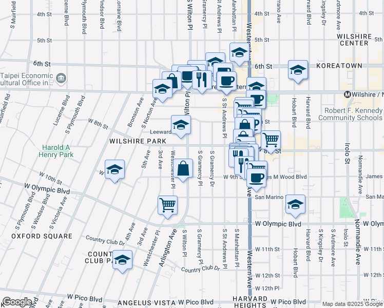 map of restaurants, bars, coffee shops, grocery stores, and more near 820 South Wilton Place in Los Angeles