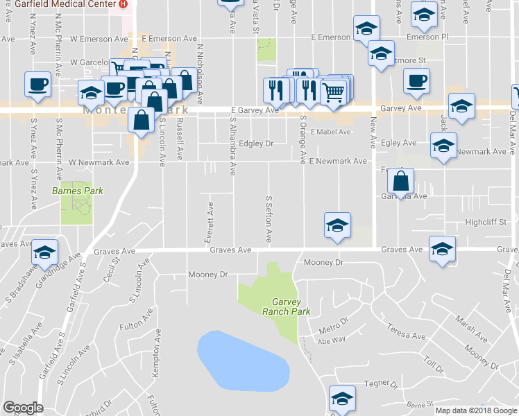 map of restaurants, bars, coffee shops, grocery stores, and more near 425 South Sefton Avenue in Monterey Park