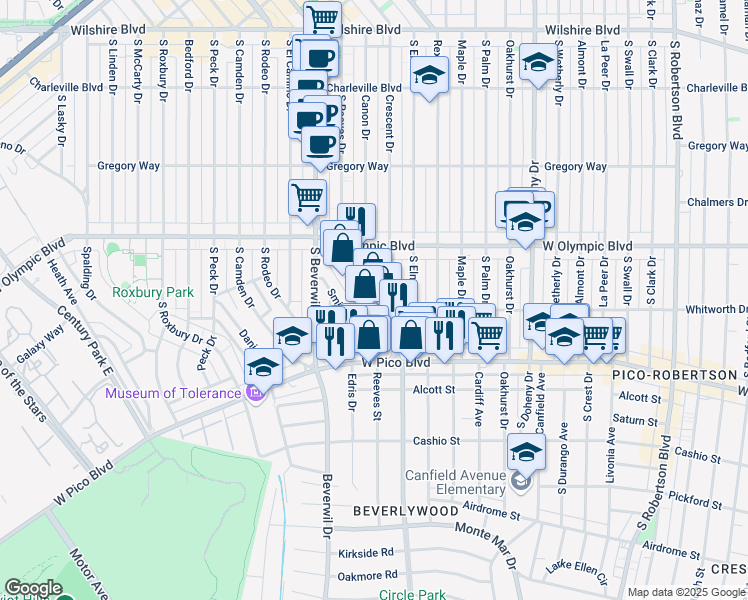 map of restaurants, bars, coffee shops, grocery stores, and more near 470 South Beverly Drive in Beverly Hills