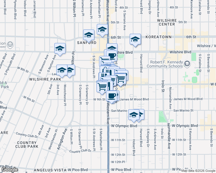 map of restaurants, bars, coffee shops, grocery stores, and more near 800 Western Avenue in Los Angeles