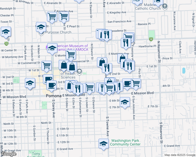 map of restaurants, bars, coffee shops, grocery stores, and more near 777 East 3rd Street in Pomona