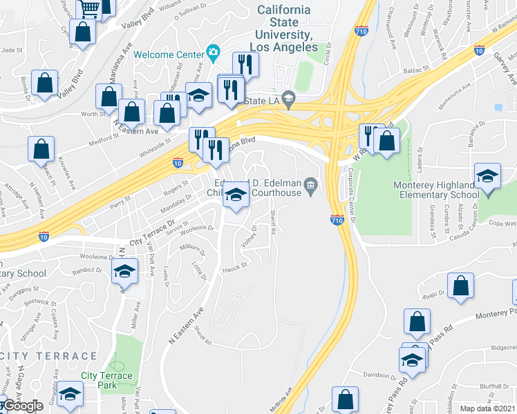 map of restaurants, bars, coffee shops, grocery stores, and more near 4410 City Terrace Drive in Los Angeles