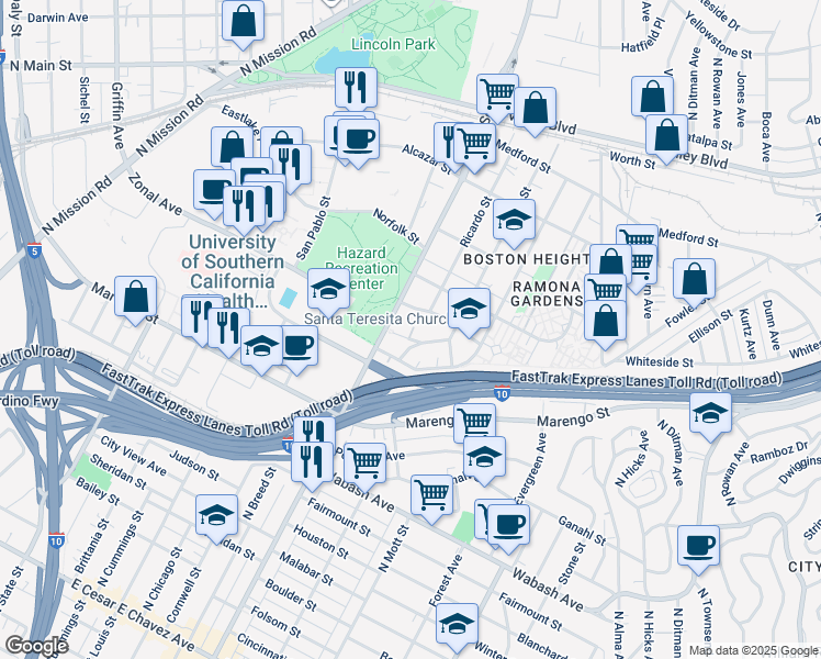 map of restaurants, bars, coffee shops, grocery stores, and more near 2461 Verde Street in Los Angeles