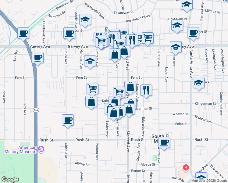 map of restaurants, bars, coffee shops, grocery stores, and more near 2465 Seaman Avenue in South El Monte