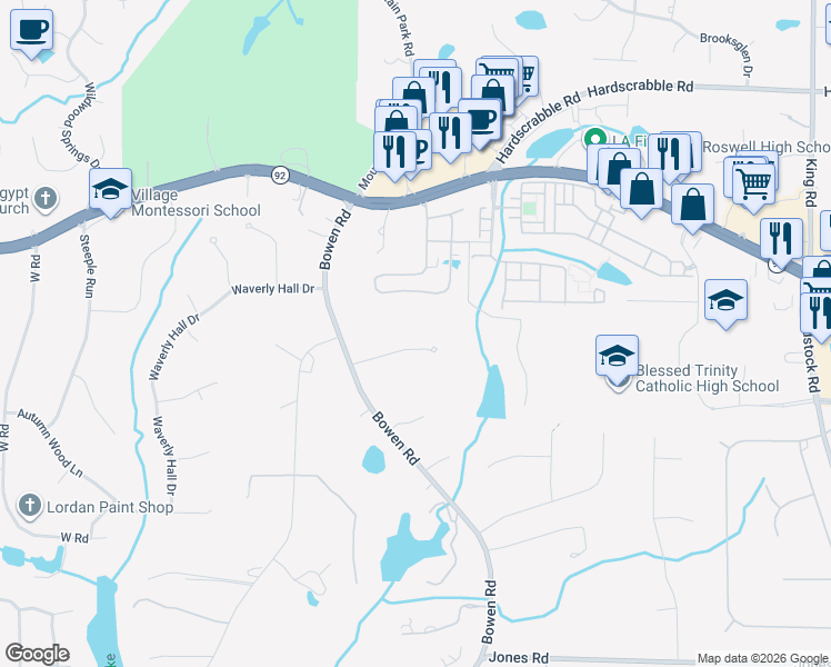 map of restaurants, bars, coffee shops, grocery stores, and more near 2020 Stonehedge Road in Roswell