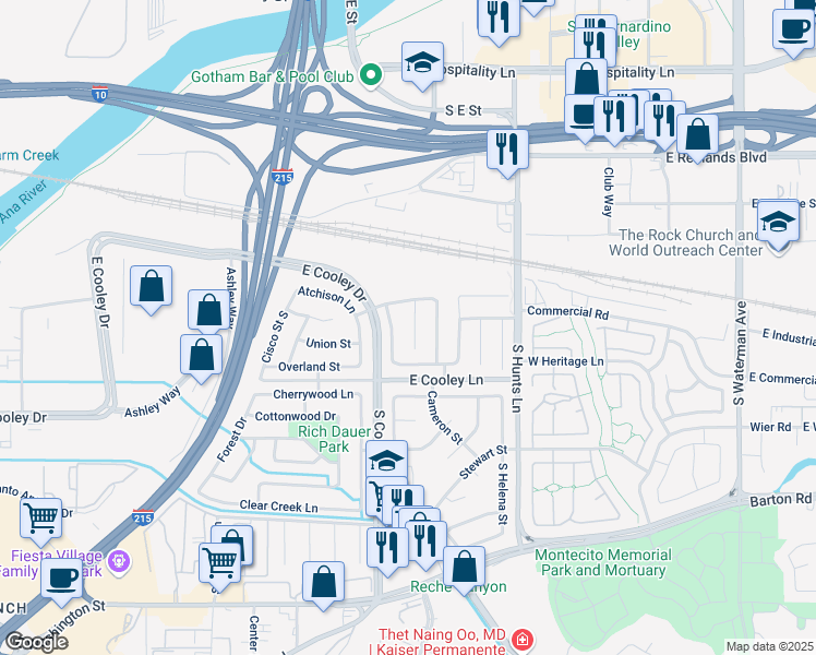 map of restaurants, bars, coffee shops, grocery stores, and more near 815 Pepperwood Street in Colton